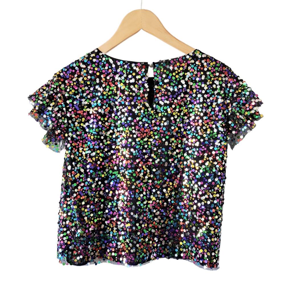 by ANTHROPOLOGIE Pamela Sequin Top Small Black Multicolor Party Sparkle Glam - Picture 10 of 13